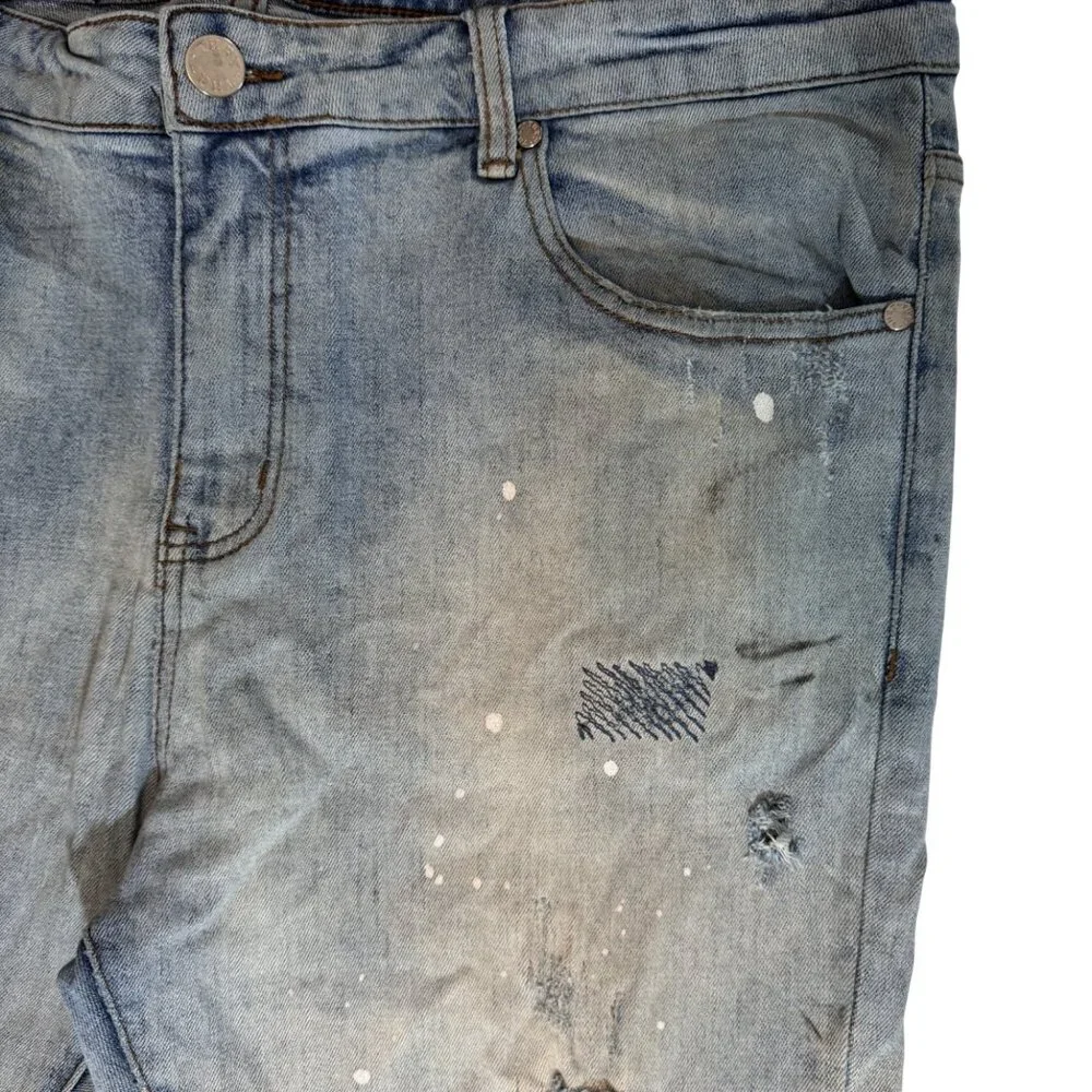 THRT Distressed Splatter Jeans Men 40x32 Lt Wash Ripped Distressed Grunge Street - Picture 3 of 16